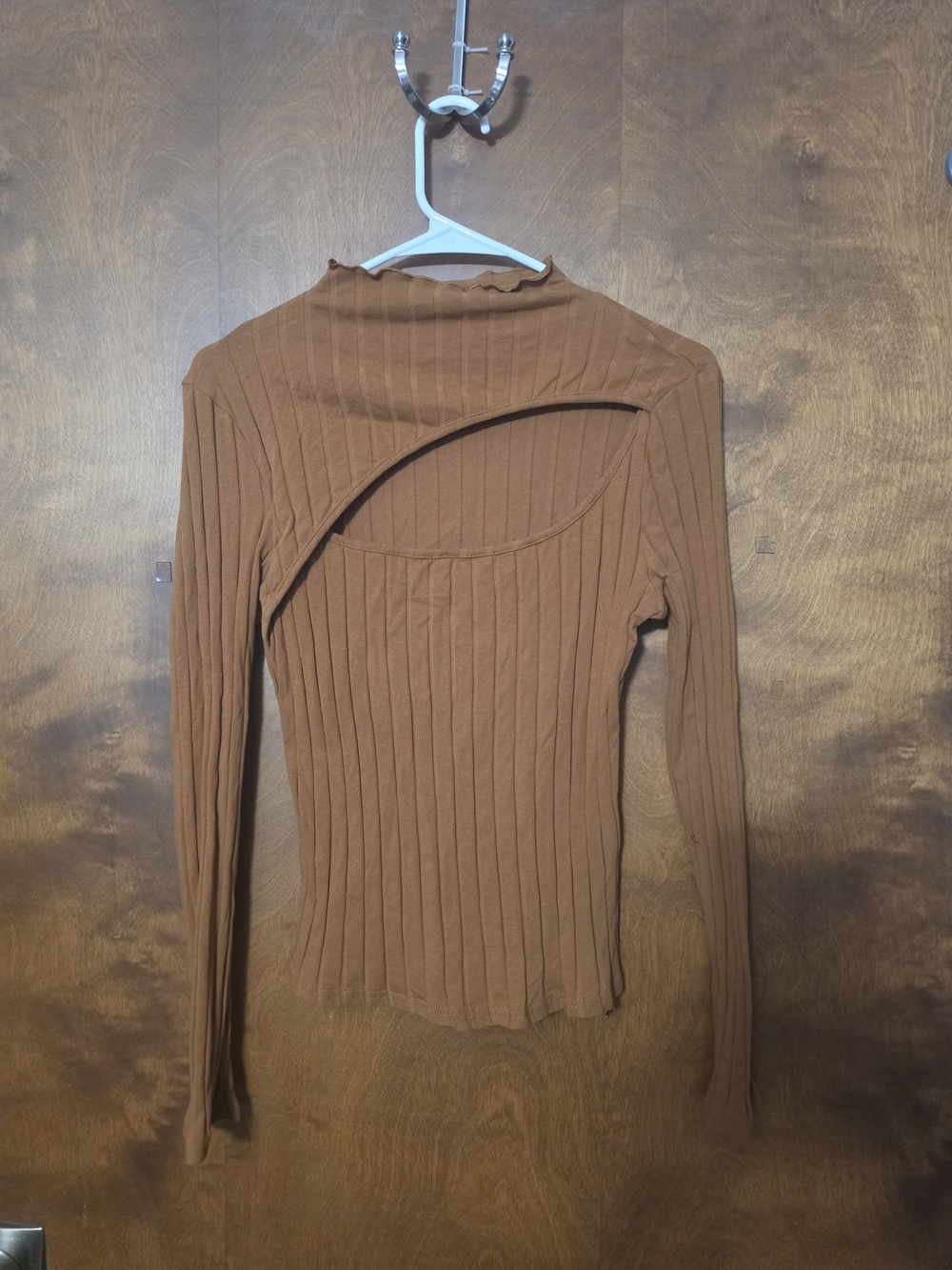 SHEIN Ribbed Asymmetric Cutout Long Sleeve Top in Brown